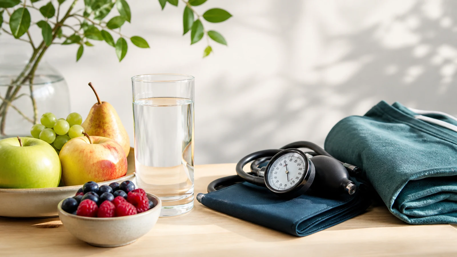 Wasser, Obst und Blutdruckmessgerät als Symbole für Prävention